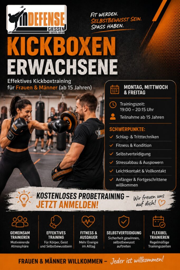 Kickbox Training für Erwachsene bei Indefense Gießen mit Trainingszeiten, Schwerpunkten und kostenlosem Probetraining.